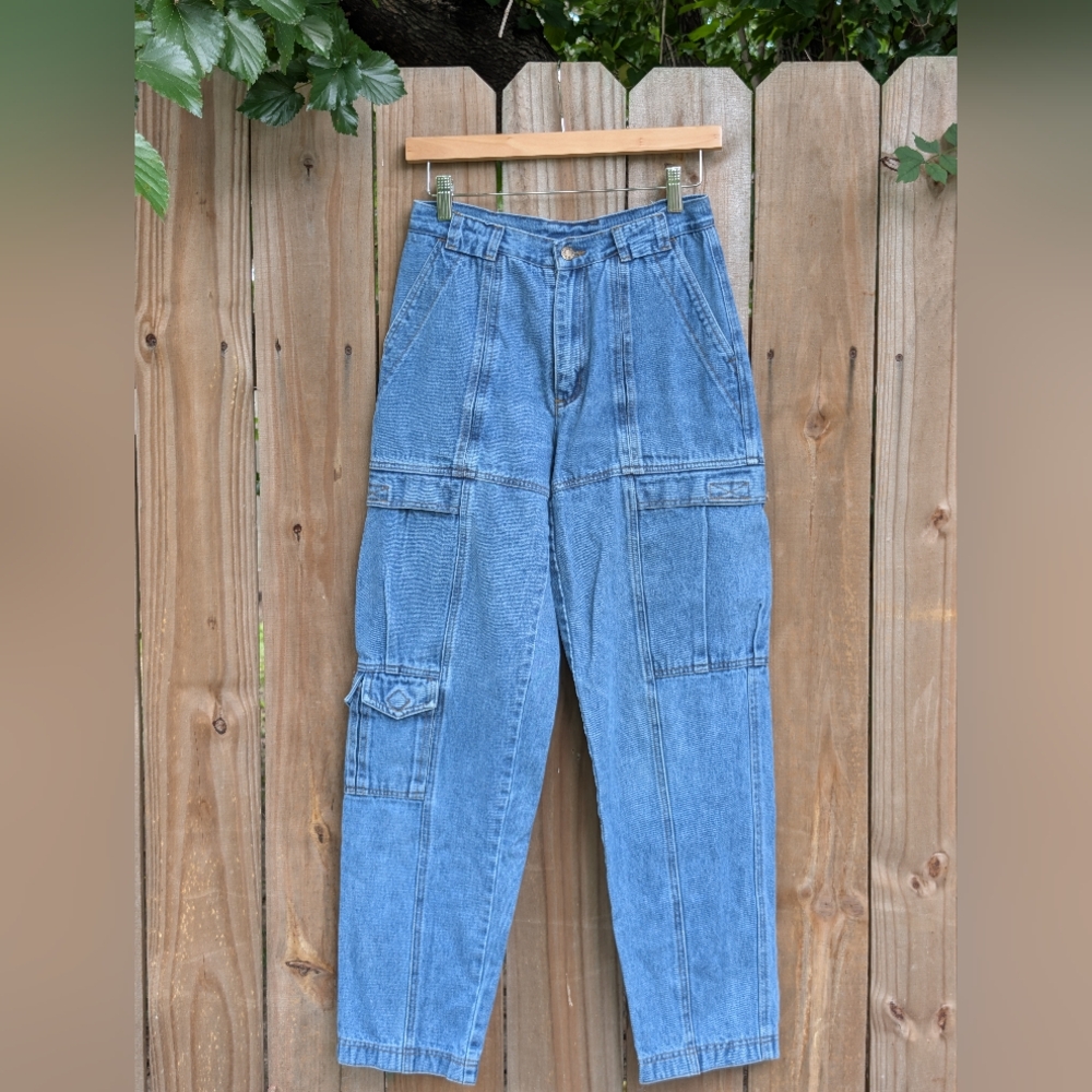 Vintage Bugle Boy Cargo Barrel Leg Denim High Rise Blue Jeans